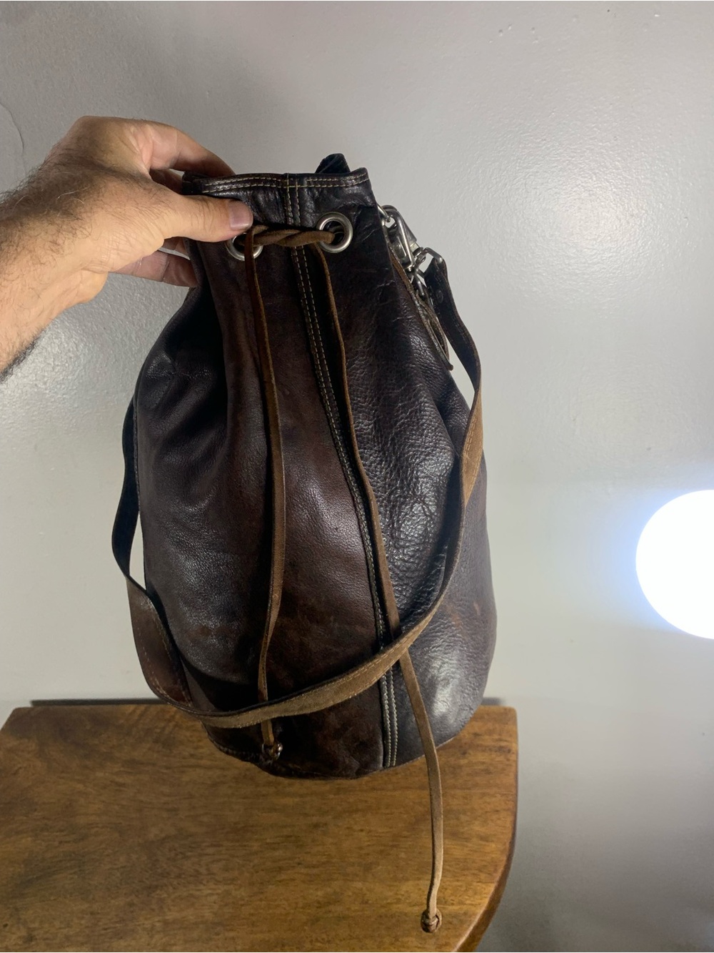 Vintage distressed leather Rugby Drawstring Bucket Backpack bag unisex